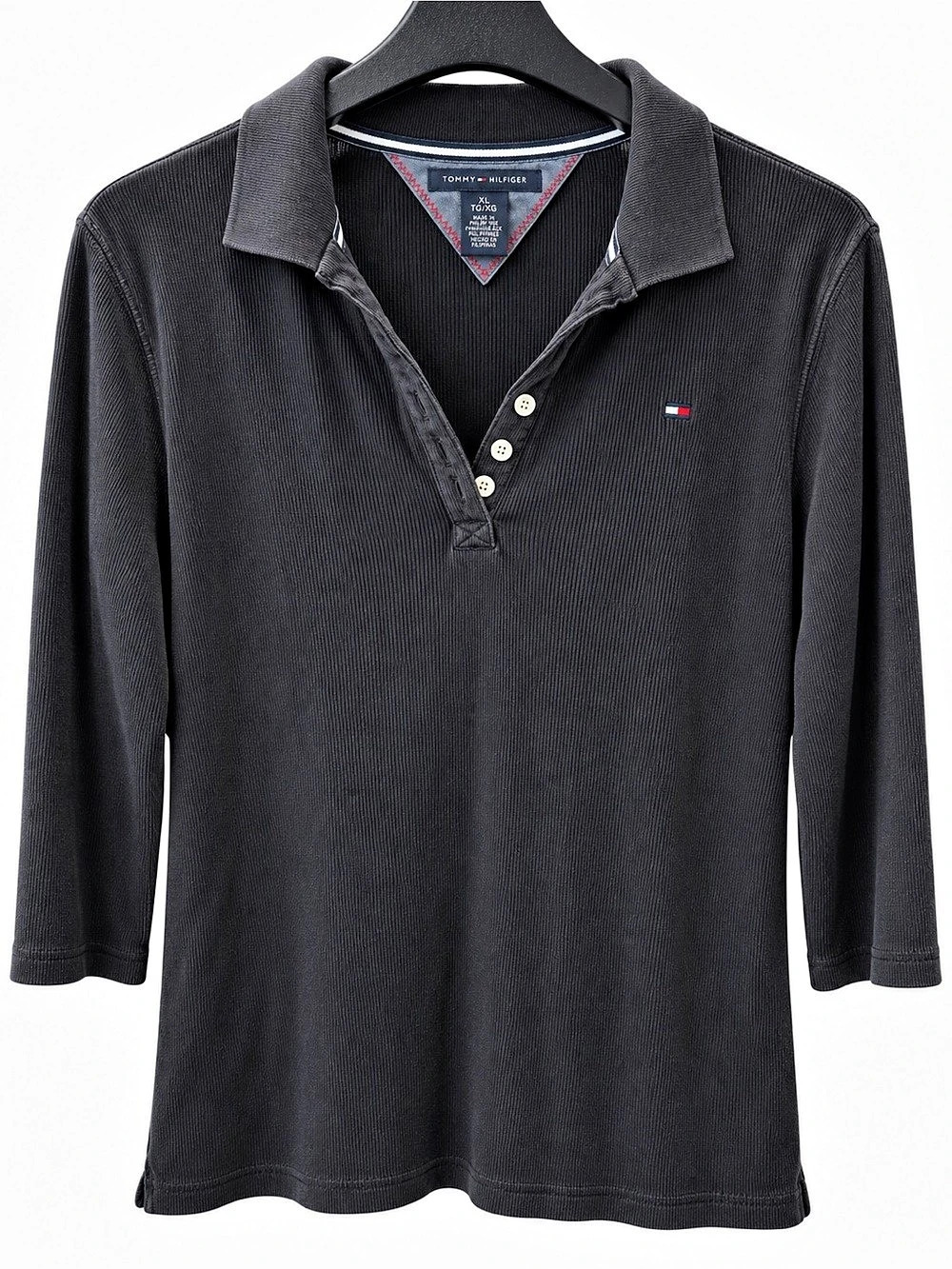 Tommy Hilfiger Black Ribbed Cotton Henley 3/4 Sleeve Shirt XL - Picture 1 of 7